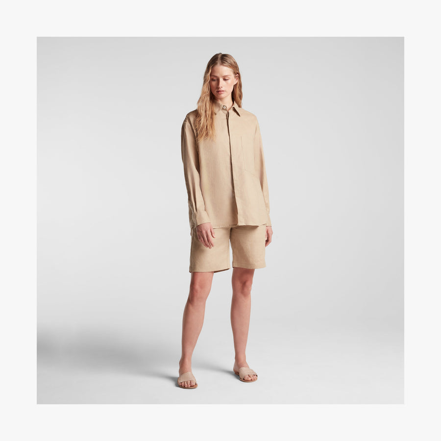 Cliff Stone | Full body front view of woman in Algarve Shirt in Cliff Stone