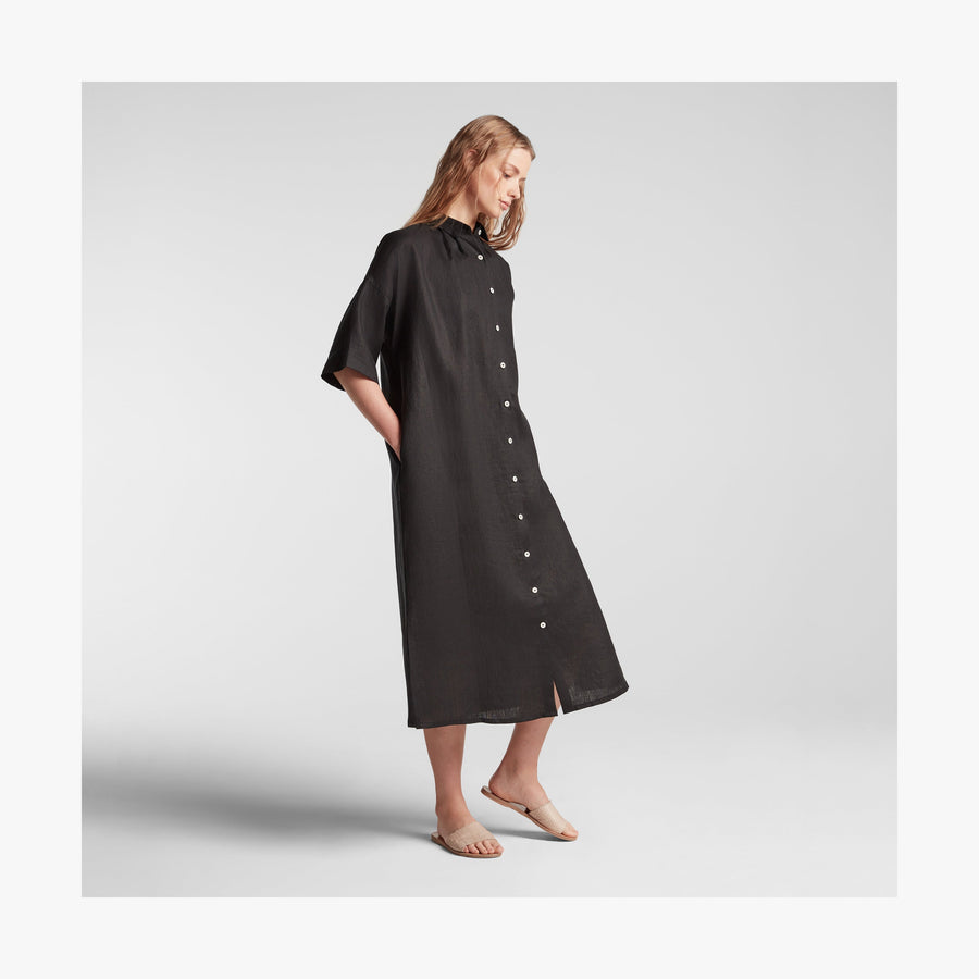 Black | Full body side view of Algarve Shirt Dress in Black