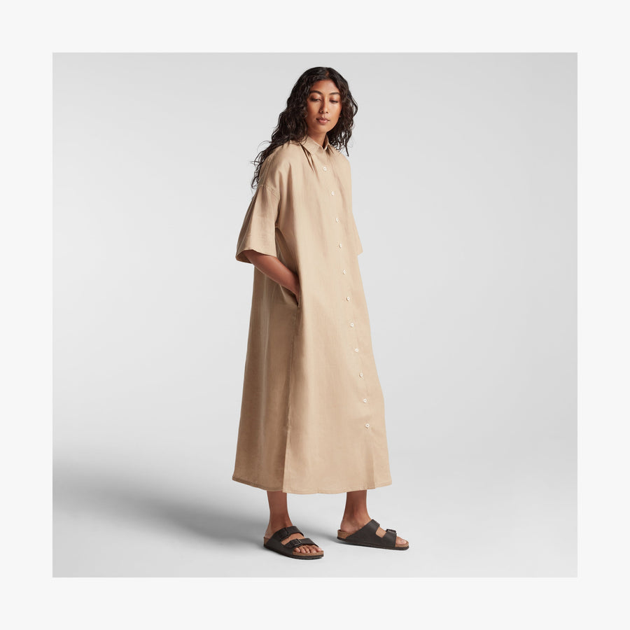 Cliff Stone | Full body side view of Algarve Shirt Dress in Cliff Stone