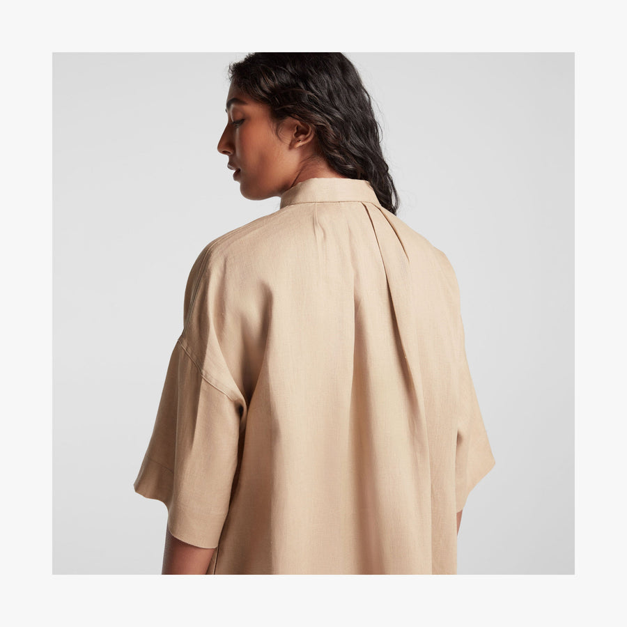 Cliff Stone | Full body back view of Algarve Shirt Dress in Cliff Stone