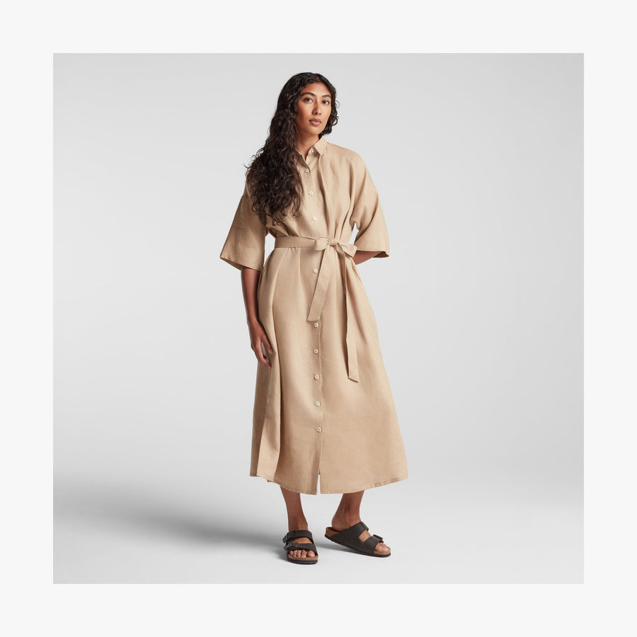 Cliff Stone | Full body front view of Algarve Shirt Dress in Cliff Stone