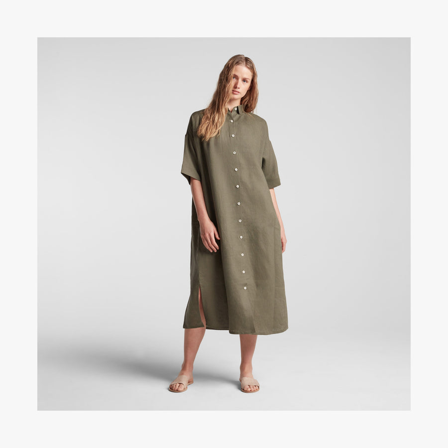 Dune Grass | Front view of Algarve Shirt Dress in Dune Grass