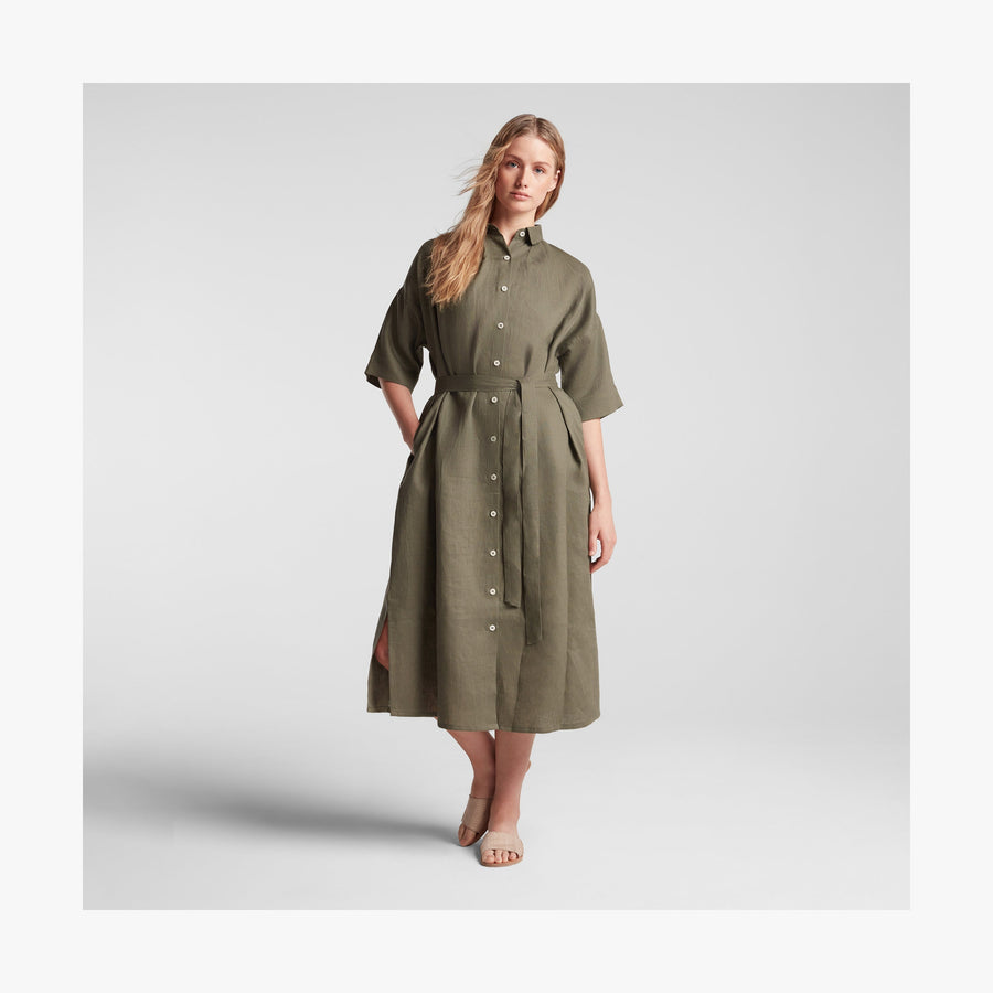 Dune Grass | Front view of Algarve Shirt Dress in Dune Grass