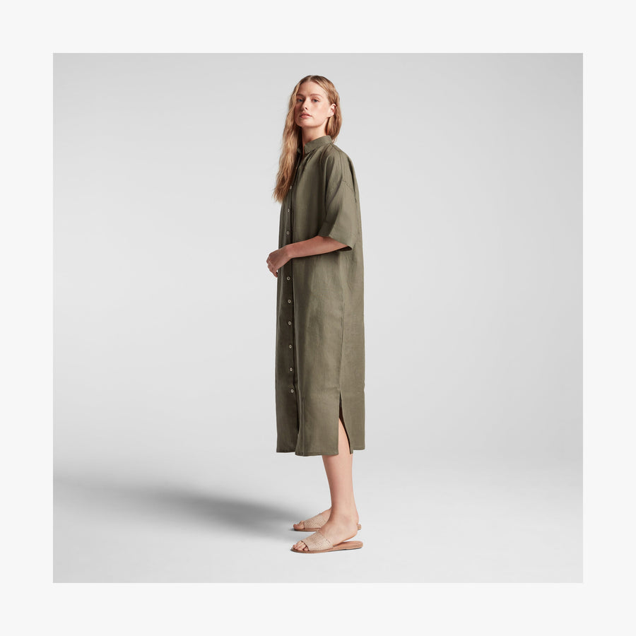 Dune Grass | Full body side view of Algarve Shirt Dress in Dune Grass
