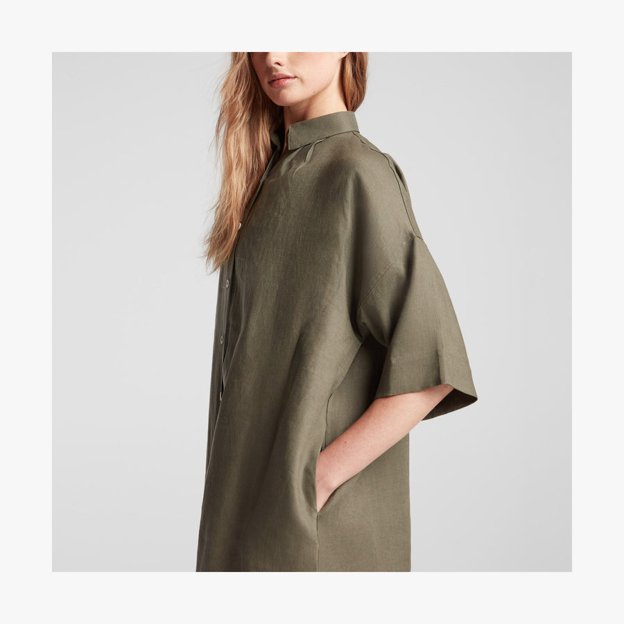 Dune Grass | Shoulder view of Algarve Shirt Dress in Dune Grass