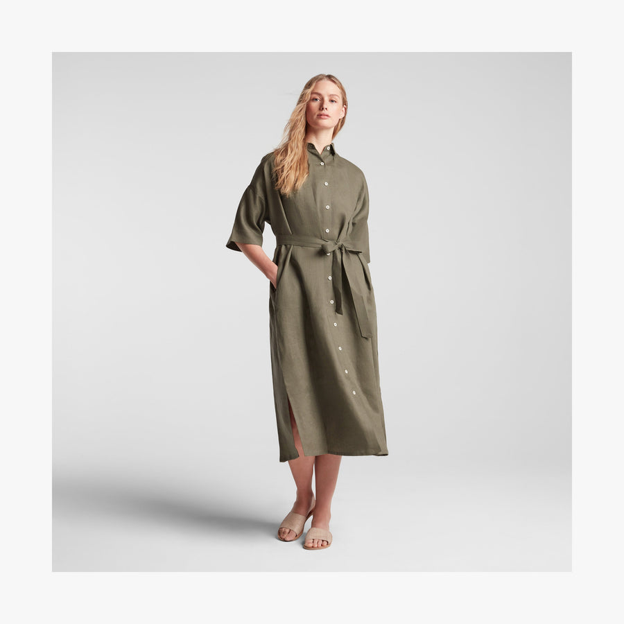 Dune Grass | Full body front view of Algarve Shirt Dress in Dune Grass