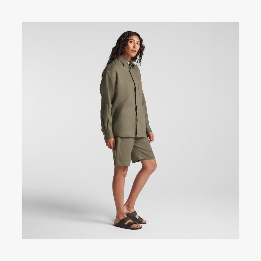 Dune Grass | Full body side view of woman in Algarve Shirt in Dune Grass