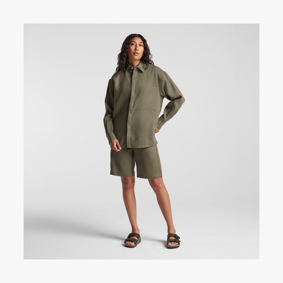 Dune Grass | Full body front view of woman in Algarve Shirt in Dune Grass