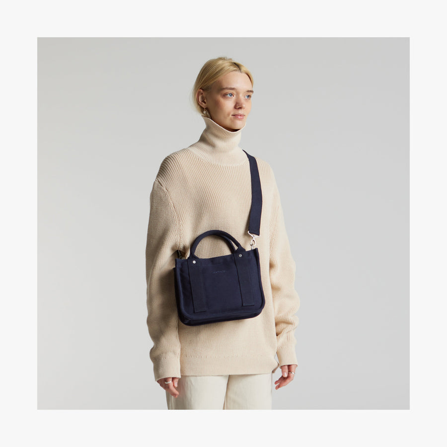 Abyss Blue | Front view of Gesso Small Tote in Abyss Blue with shoulder strap