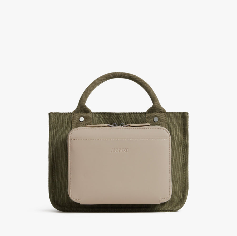 Moss | Back view of Gesso Small Tote in Moss with folio kit