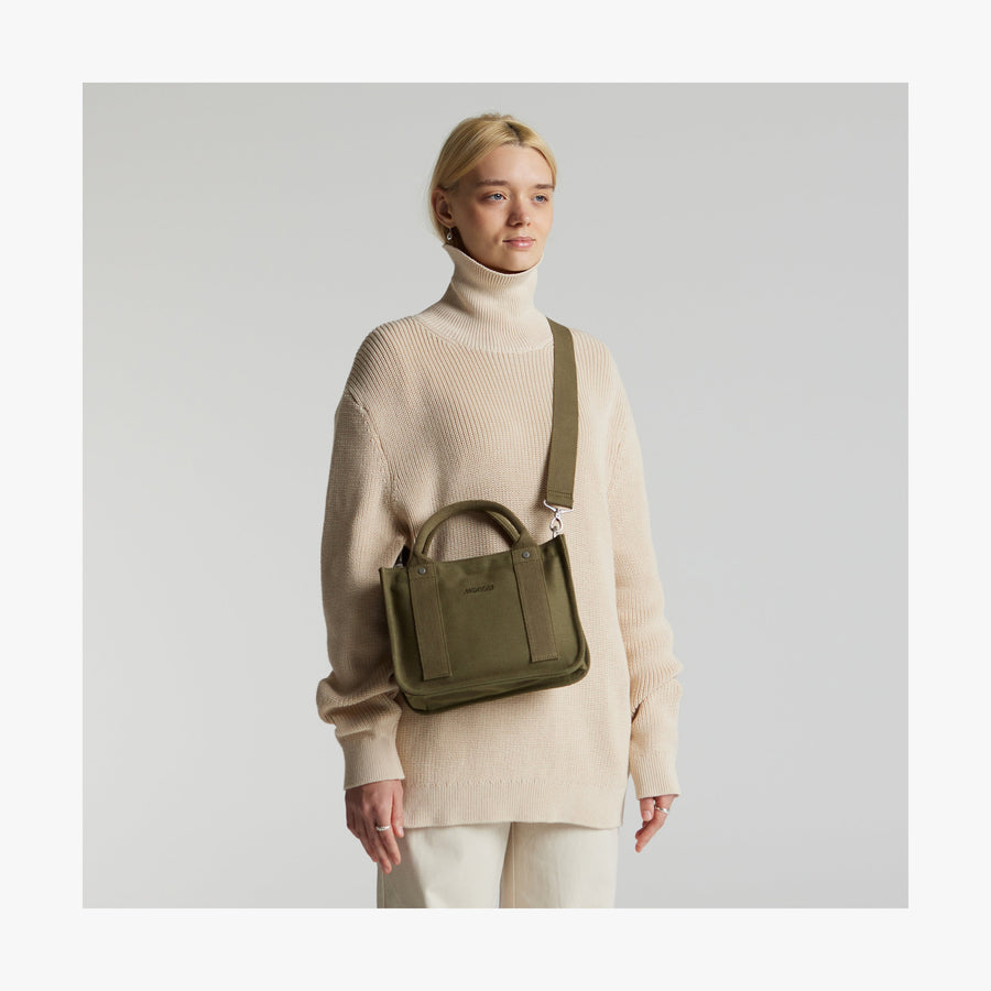 Moss | Front view of Gesso Small Tote in Moss with shoulder strap