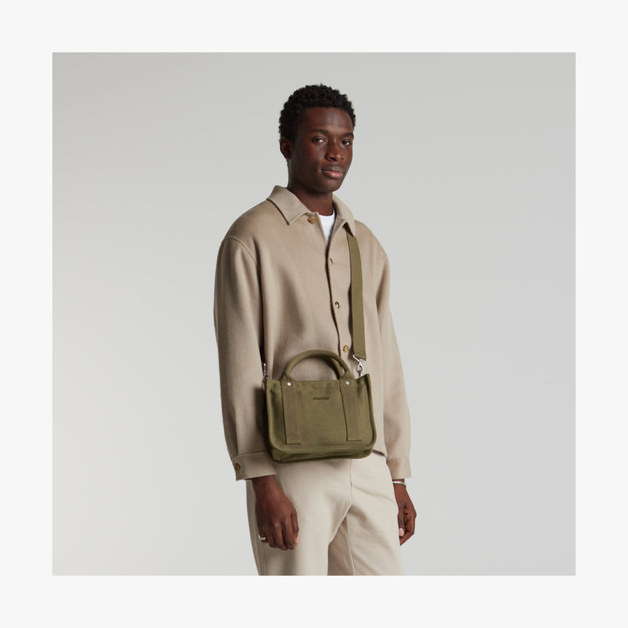 Moss | Front view of Gesso Small Tote in Moss with shoulder strap