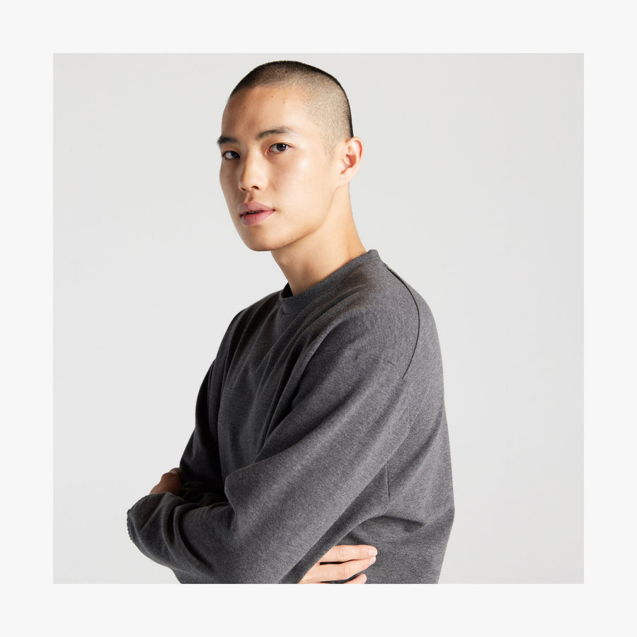 Heather Charcoal | Front view of male in Kyoto Long Sleeve in Heather Charcoal