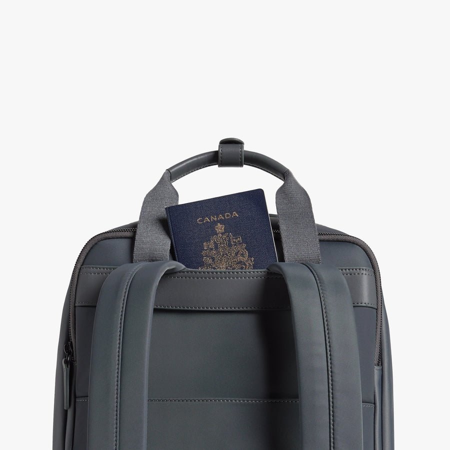 Dover Grey | Handle view of Metro Backpack Dover Grey