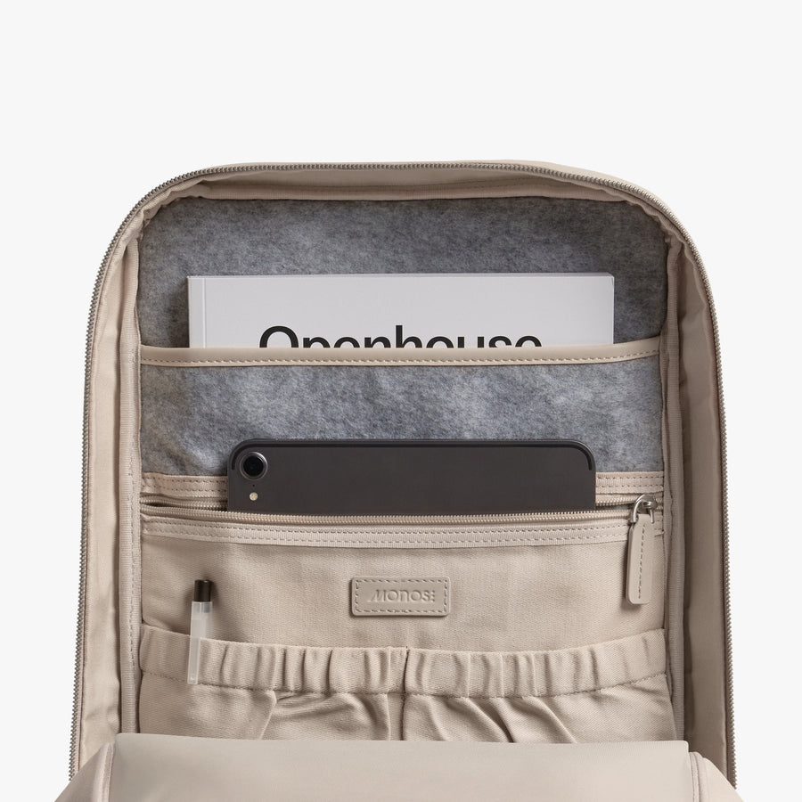 Ivory (Vegan Leather) | Inside view of Metro Backpack Ivory