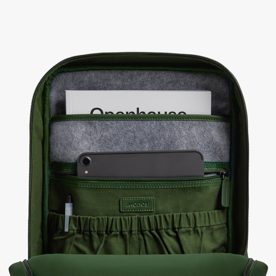 Juniper Green | Inside view of Metro Backpack Juniper Green