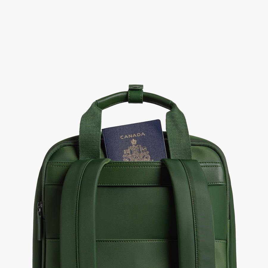 Juniper Green | Handle view of Metro Backpack Juniper Green