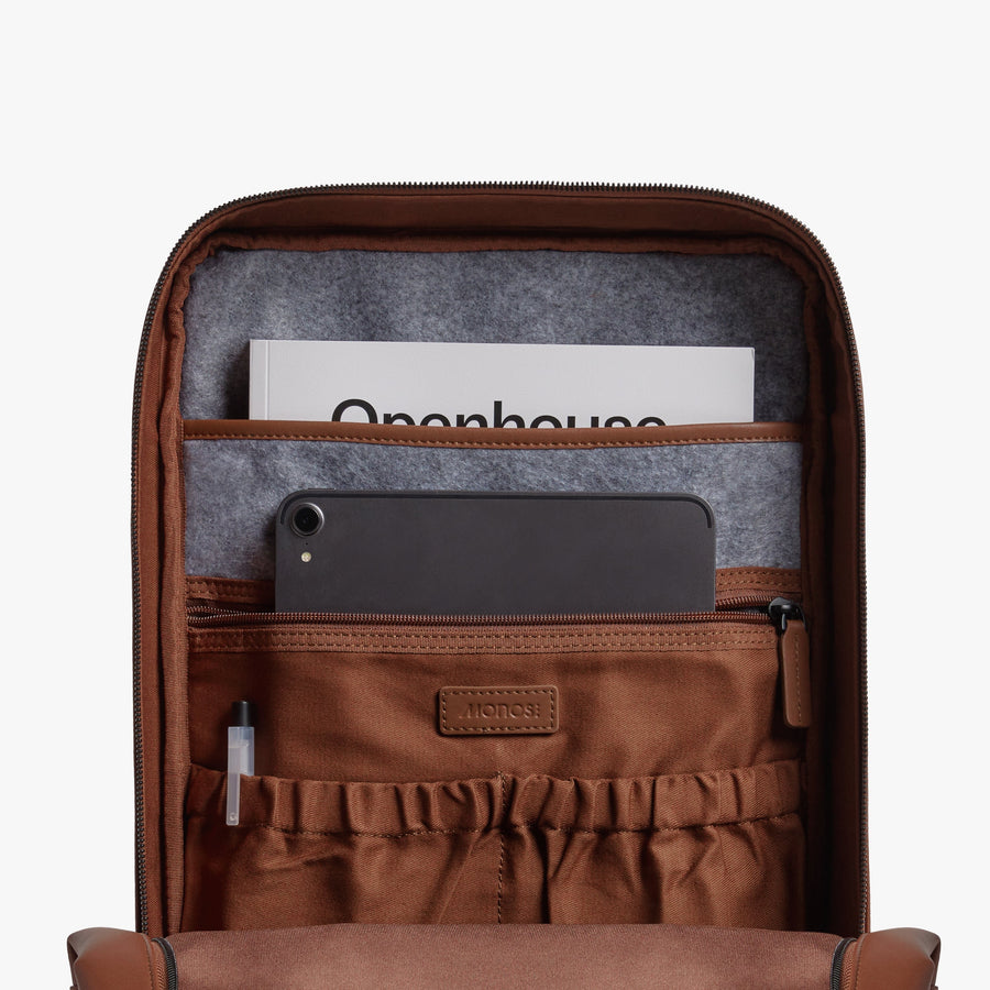 Mahogany (Vegan Leather) | Inside view of Metro Backpack Mahogany