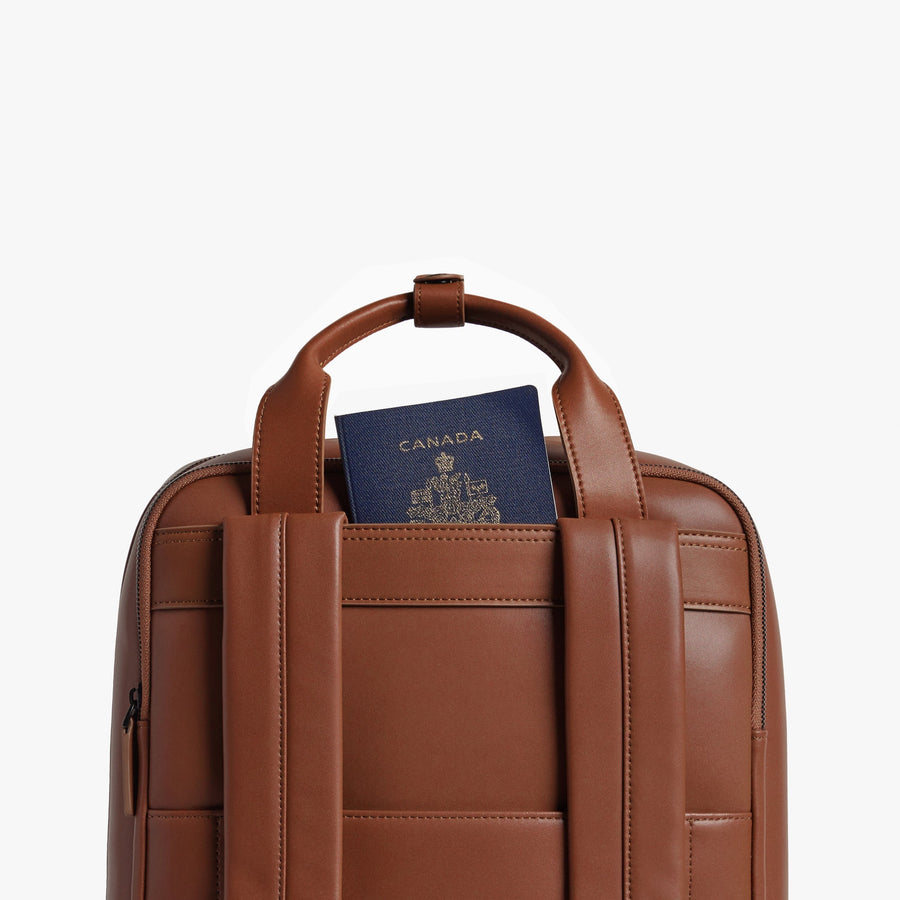 Mahogany (Vegan Leather) | Handle view of Metro Backpack Mahogany