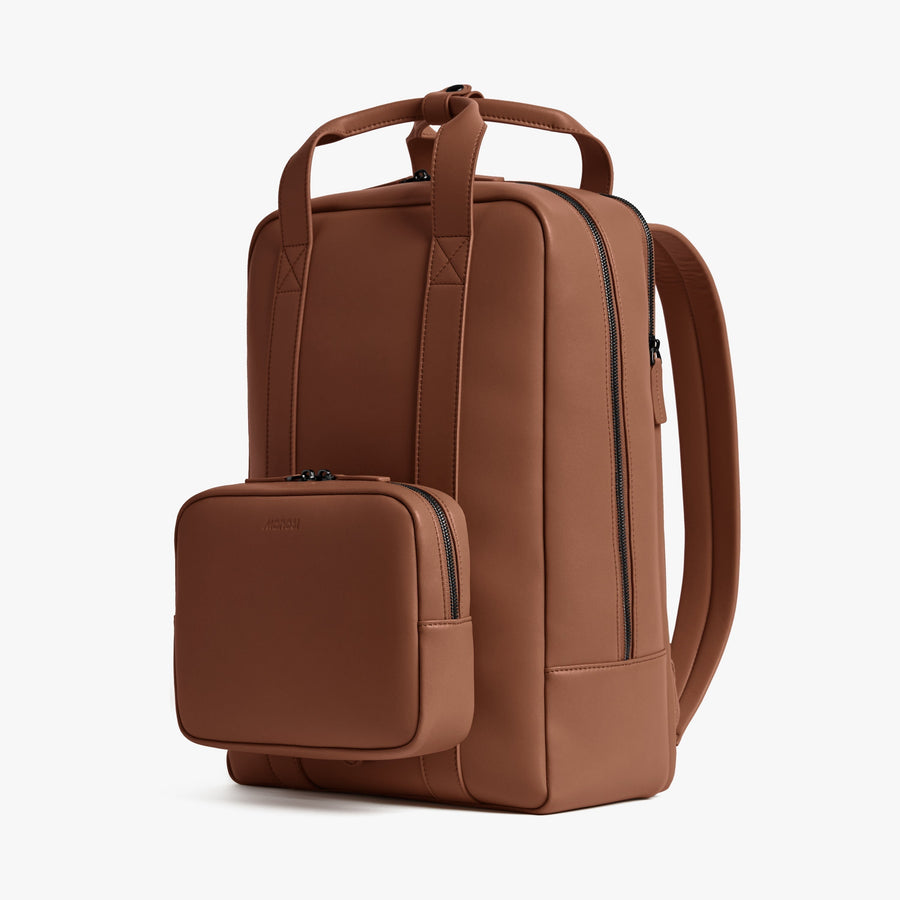 Mahogany (Vegan Leather) | Angled view of Metro Backpack in Mahogany