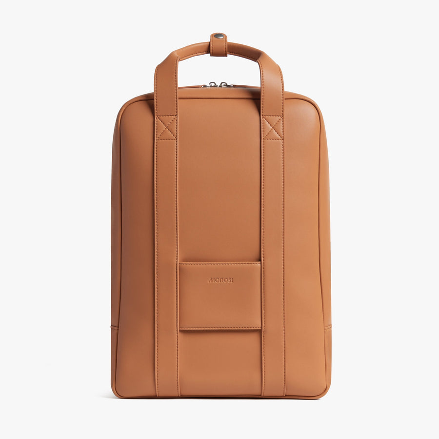 Saddle Tan (Vegan Leather) | Back view of Metro Backpack Saddle Tan