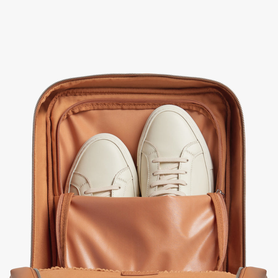 Saddle Tan (Vegan Leather) | Inside view of Metro Backpack Saddle Tan