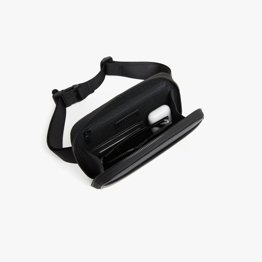 Carbon Black (Vegan Leather) | Front full inside view of Metro Belt Bag in Carbon Black