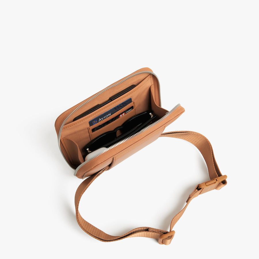 Saddle Tan (Vegan Leather) | Back full inside view of Metro Belt Bag in Saddle Tan