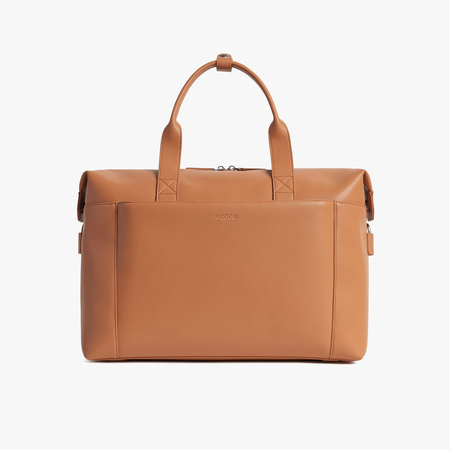 Saddle Tan (Vegan Leather) | Front view of Metro Duffel in Saddle Tan