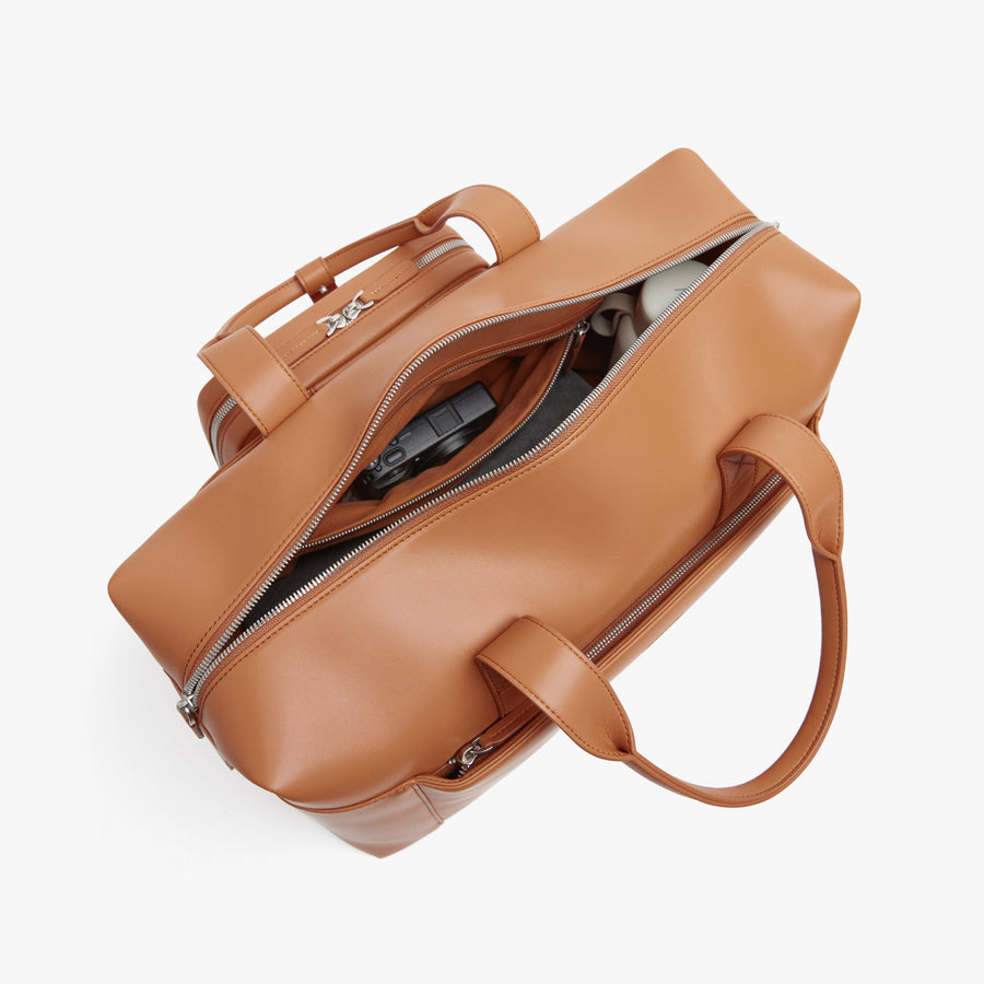 Saddle Tan (Vegan Leather) | Front Interior view of Metro Duffel in Saddle Tan