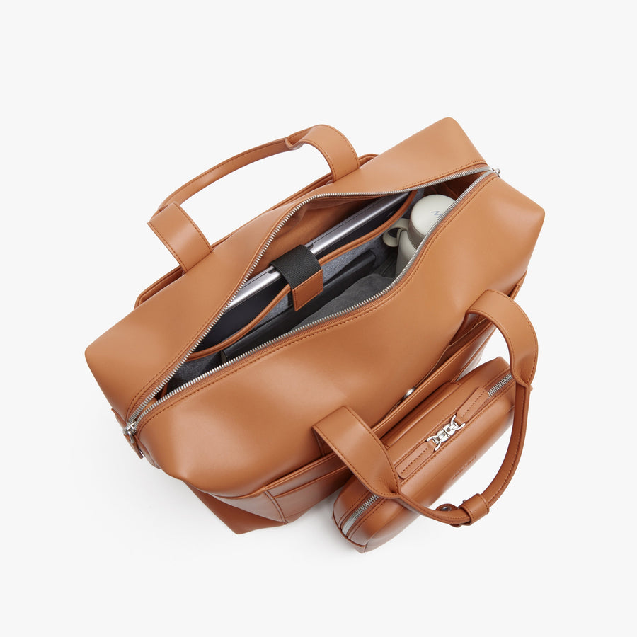 Saddle Tan (Vegan Leather) | Back Interior view of Metro Duffel in Saddle Tan