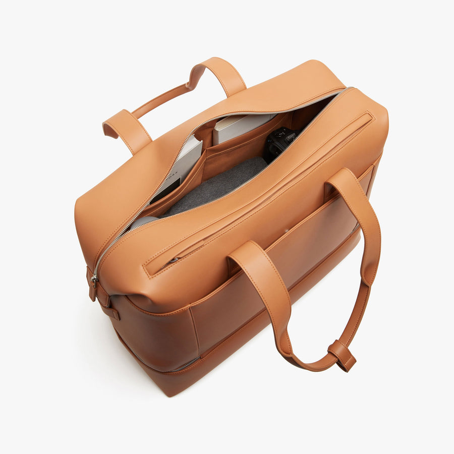 Saddle Tan (Vegan Leather) | Interior pocket view of Metro Weekender in Saddle Tan