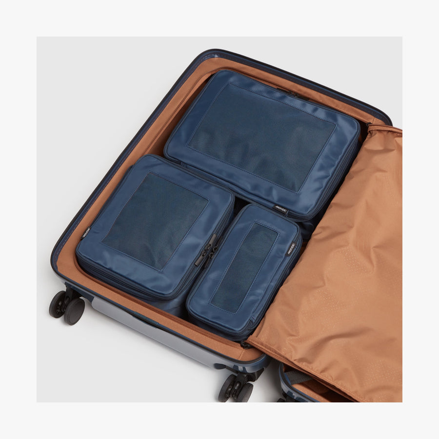 Set of Six / Arles Blue | Photo of compressible packing cubes neatly arranged inside a suitcase