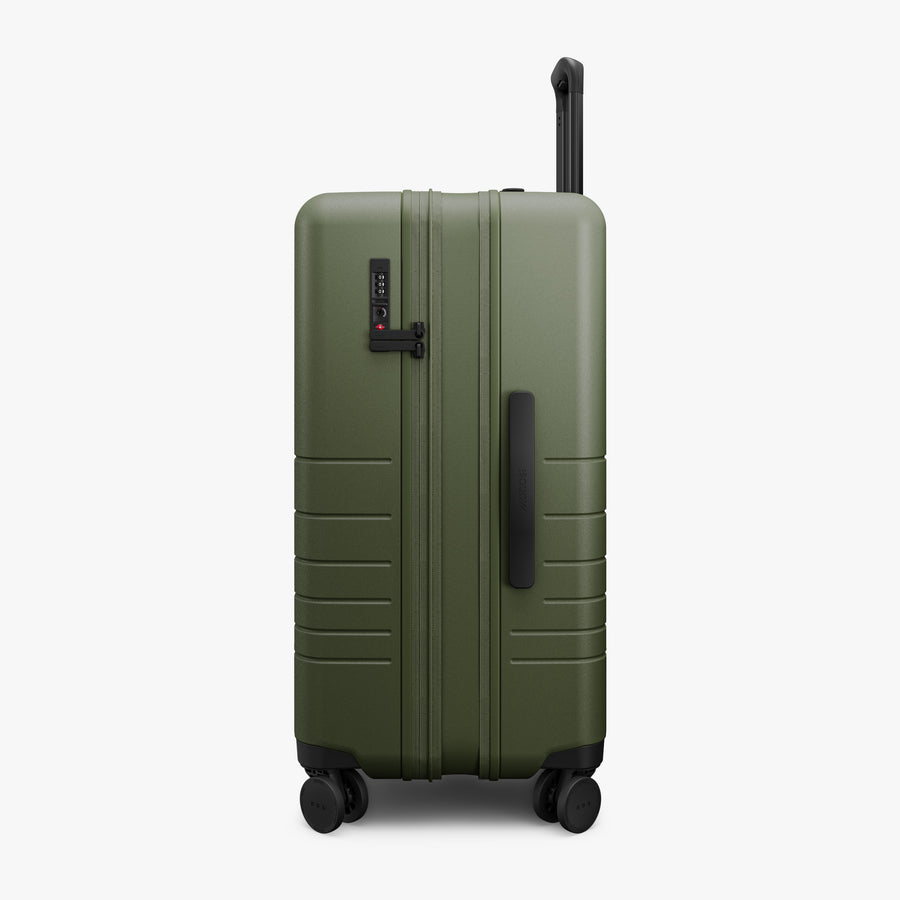 Olive Green | Expanded zipper view of Expandable Check-In Medium in Olive Green