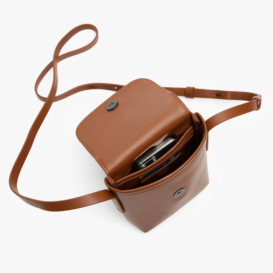 Mahogany (Vegan Leather) | Angled view of Metro Mini Crossbody in Mahogany