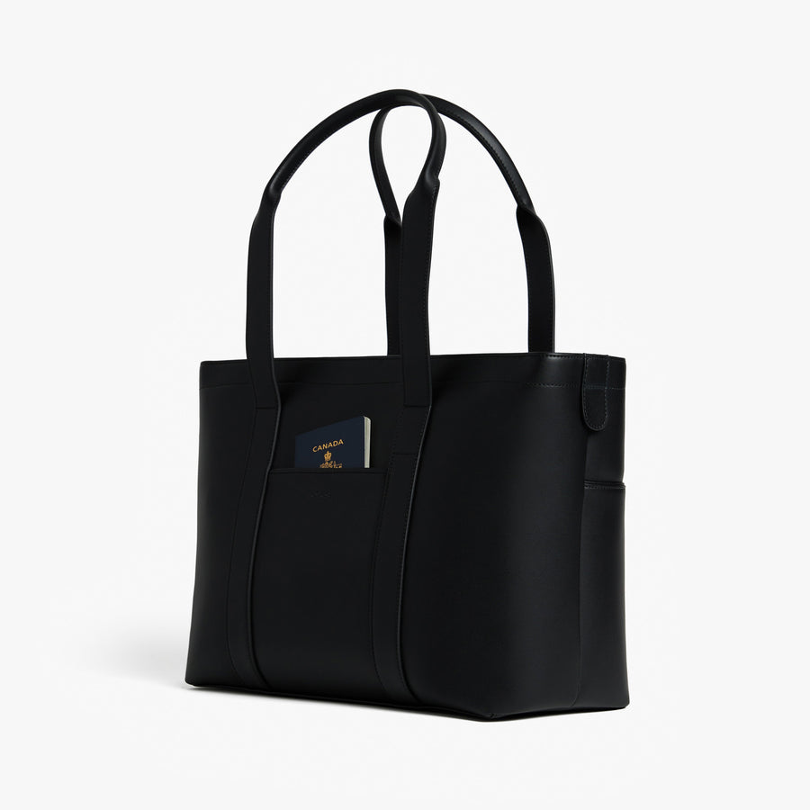 Carbon Black (Vegan Leather) | Angled view of Metro Tote in Carbon Black