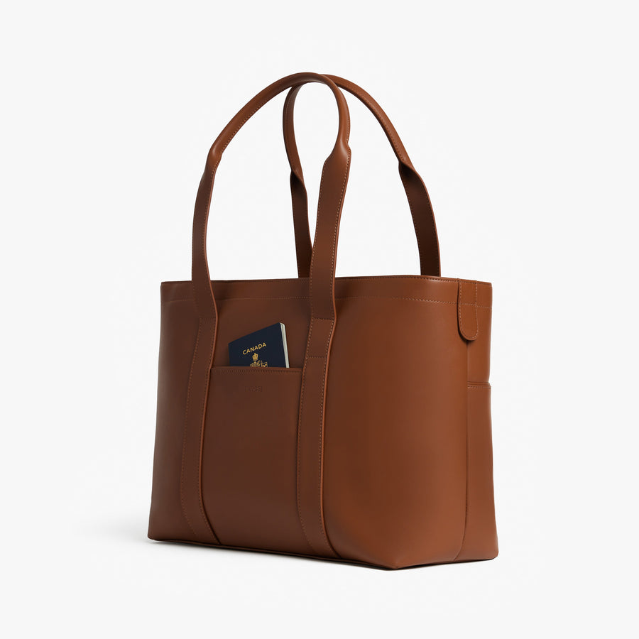 Mahogany (Vegan Leather) | Angled view of Metro Tote in Mahogany