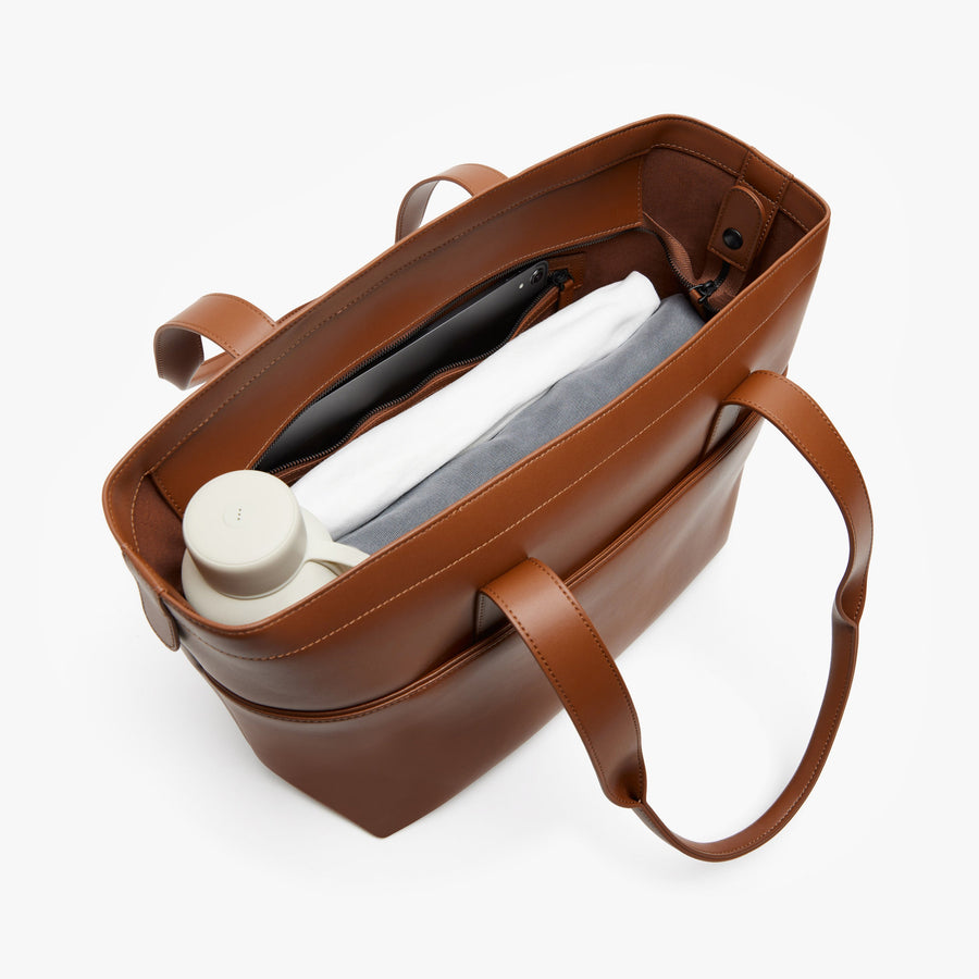 Mahogany (Vegan Leather) | Angled view of Metro Tote in Mahogany