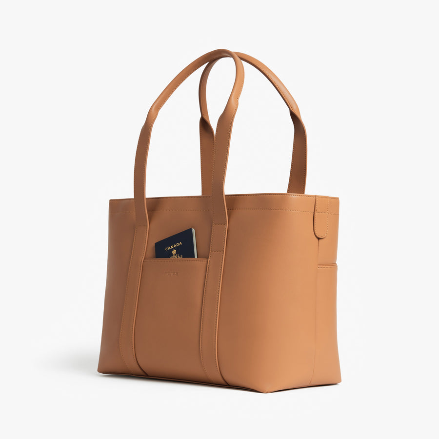 Saddle Tan (Vegan Leather) | Angled view of Metro Tote in Saddle Tan