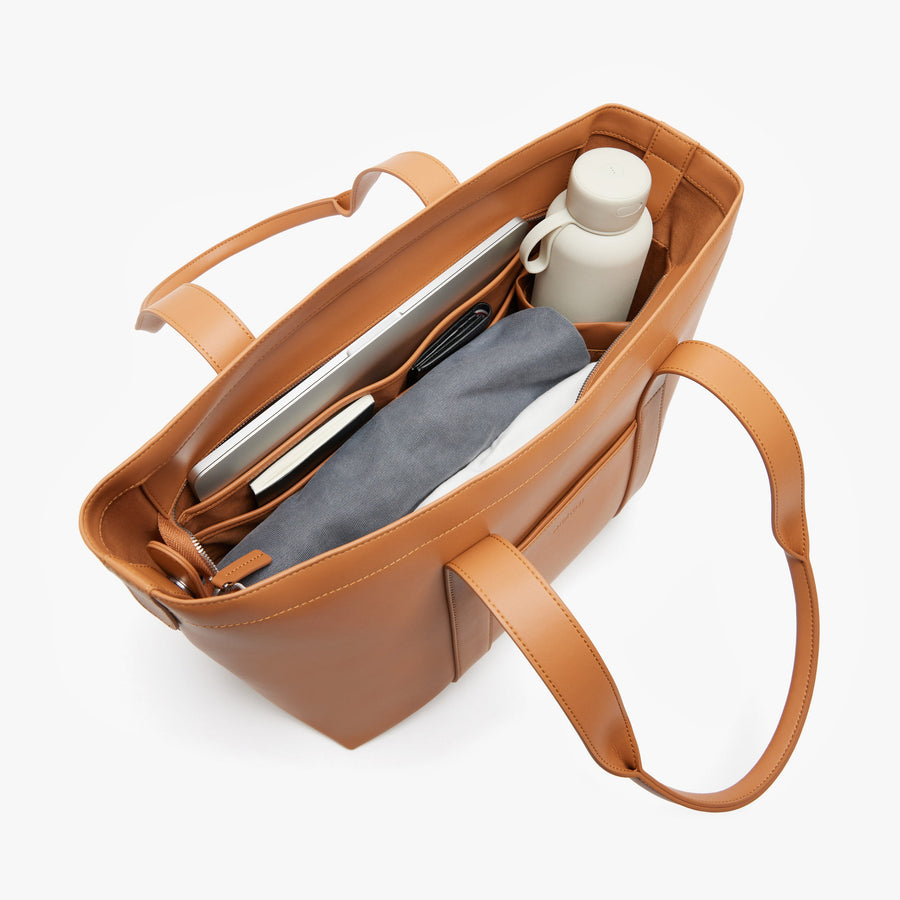Saddle Tan (Vegan Leather) | Angled view of Metro Tote in Saddle Tan