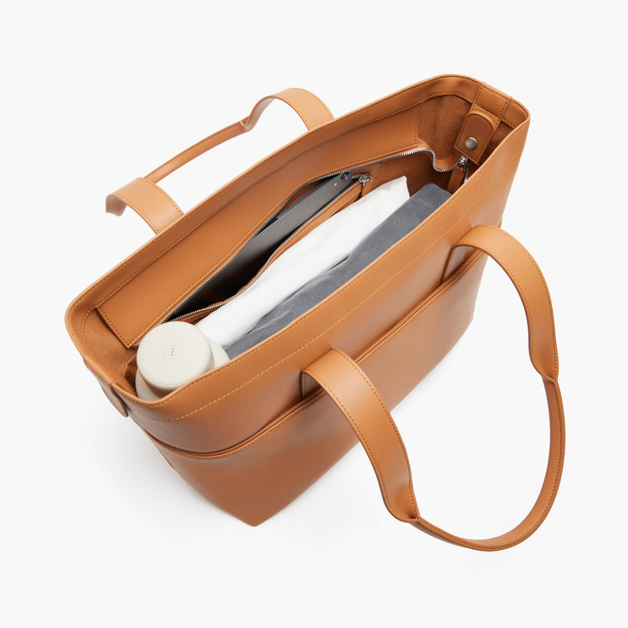Saddle Tan (Vegan Leather) | Angled view of Metro Tote in Saddle Tan