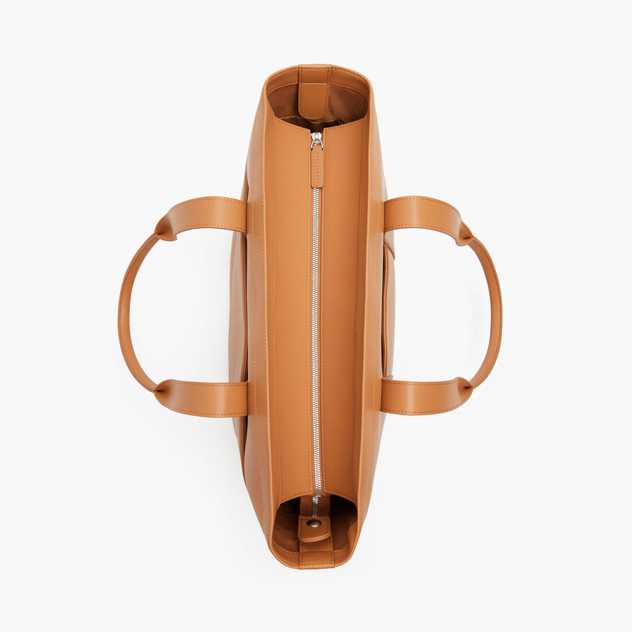 Saddle Tan (Vegan Leather) | Top view of Metro Tote in Saddle Tan