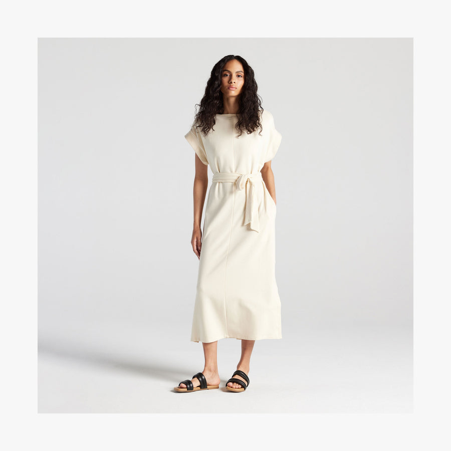 Cream | Full body reversible front view of woman in Sevilla Dress Cream