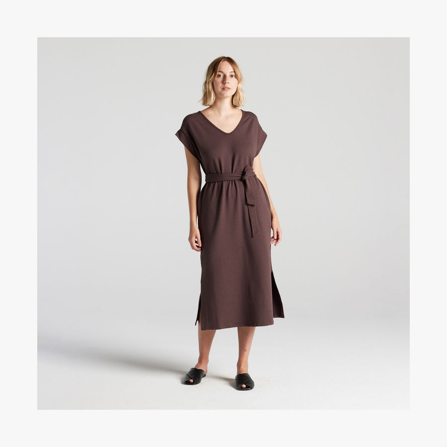 Espresso | Full body front view with waist strap of woman in Sevilla Dress Espresso