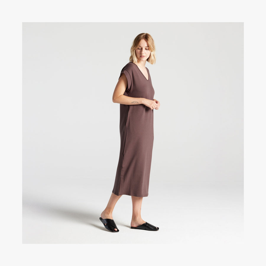 Espresso | Full body side view of woman in Sevilla Dress Espresso