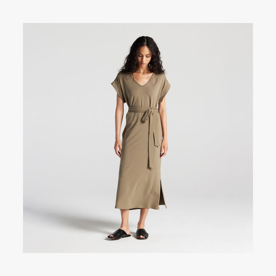 Moss | Full body front view with waist strap of woman in Sevilla Dress Moss
