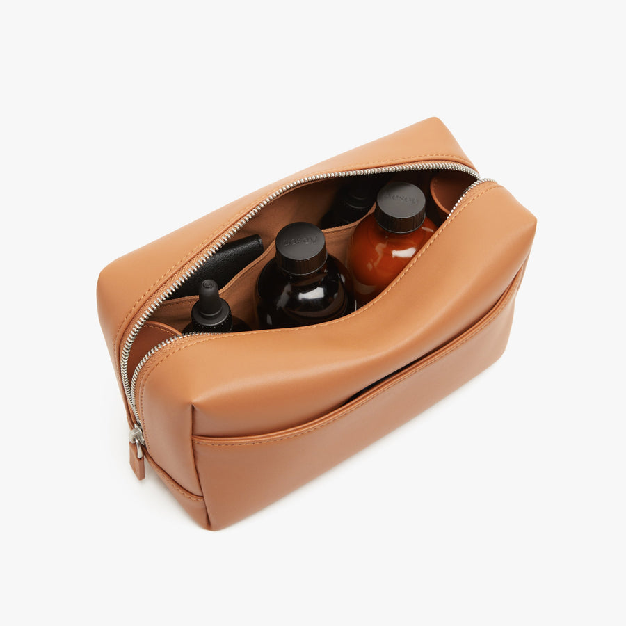 Large / Saddle Tan (Vegan Leather) | Interior back view of Metro Toiletry Case Large in Saddle Tan