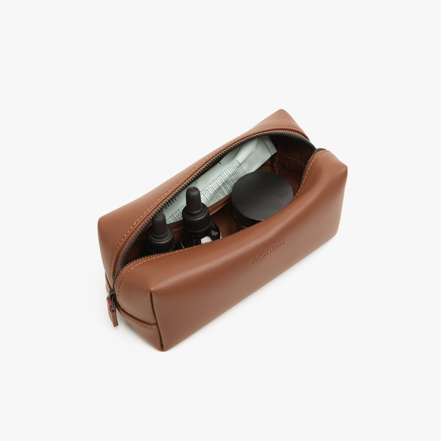 Small / Mahogany (Vegan Leather) | Interior front view of Metro Toiletry Case Small in Mahogany