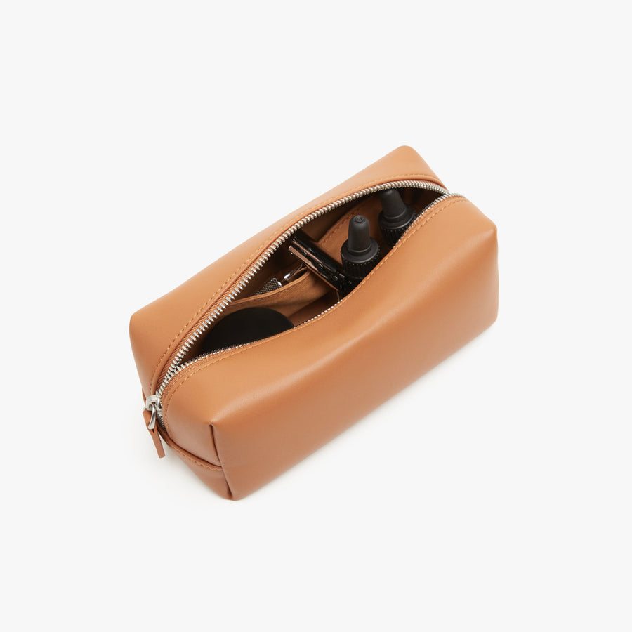Small / Saddle Tan (Vegan Leather) | Interior back view of Metro Toiletry Case Small in Saddle Tan